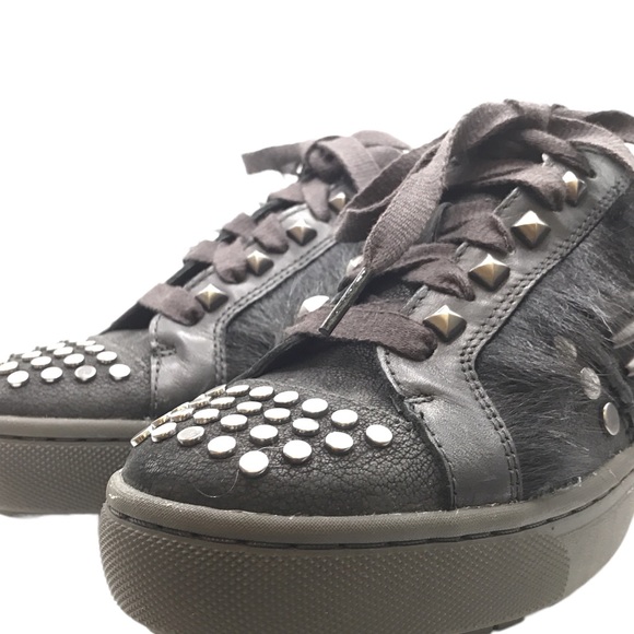 UGG BLACK STUDDED FUR LACE-UP Biker Chic LEATHER PLATFORM SHOES! SIZE 7! - Picture 10 of 14